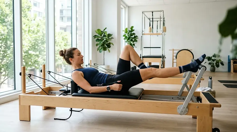 Cycliste effectuant des exercices sur reformer Pilates dans un studio minimaliste lumineux, énergisant.