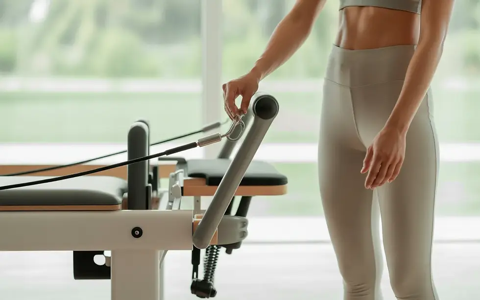 ENERGY PILATES : Pilates Reformer moderne en studio lumineux minimaliste, ressorts et réglages de sécurité visibles, personne ajustant délicatement un ressort.