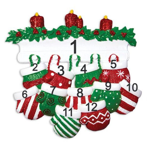 Red & Green Mitten Family of 11 Personalized Christmas Ornament