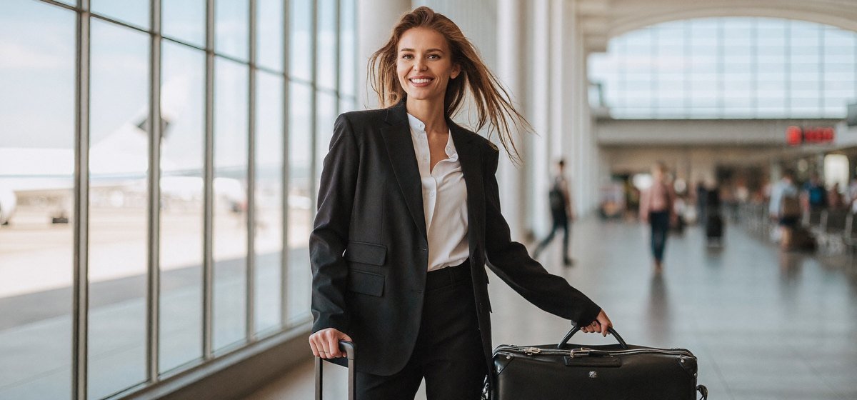 A professional traveler with a suitcase in a bright airport terminal, ready to relocate abroad