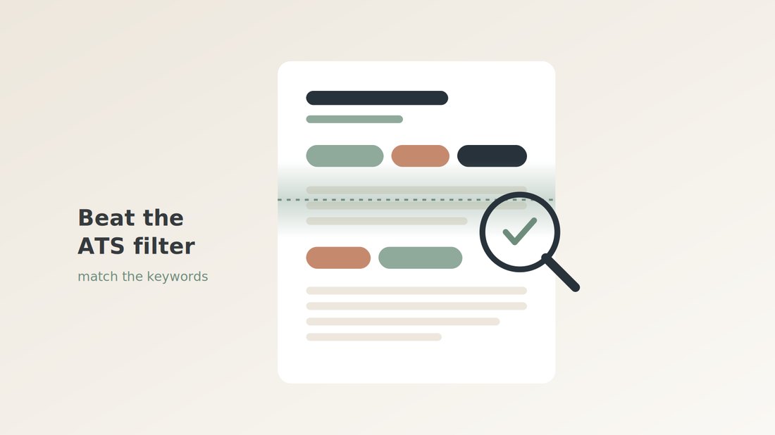 A resume being scanned by a magnifier with keyword highlights, representing optimizing a resume to pass the ATS keyword filter