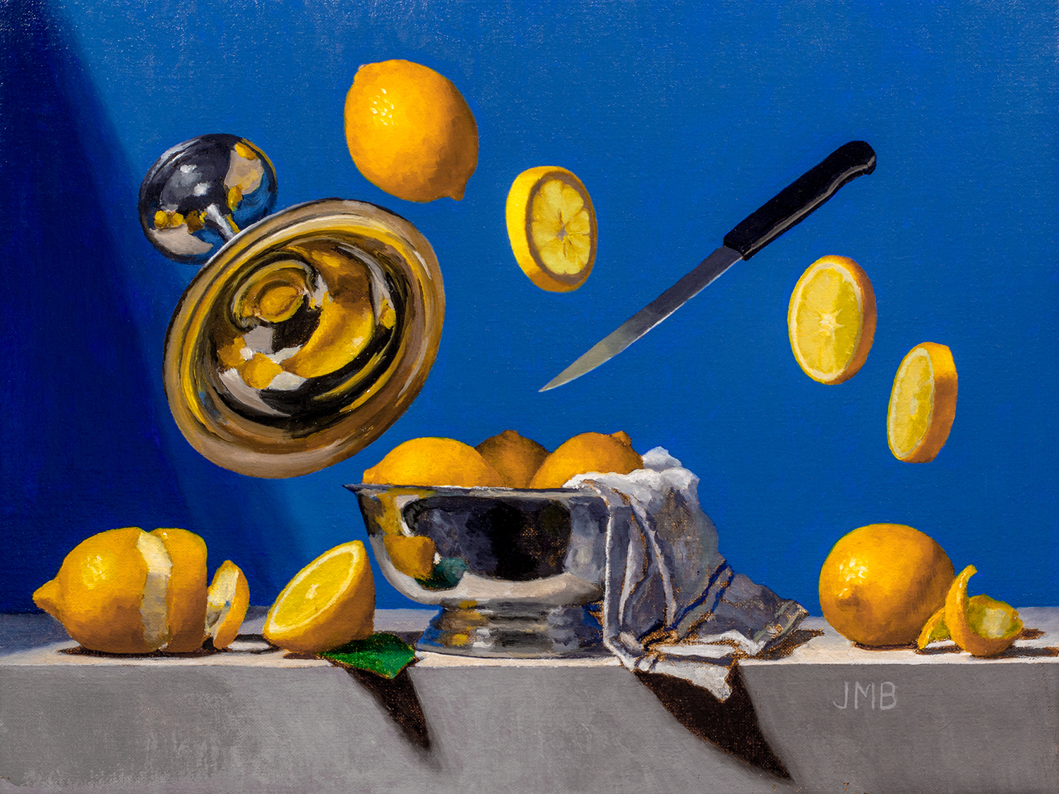 Lemons in Silver Bowl - Blue, jessica bravo, art harbor gallery, jessica m. bravo, still life