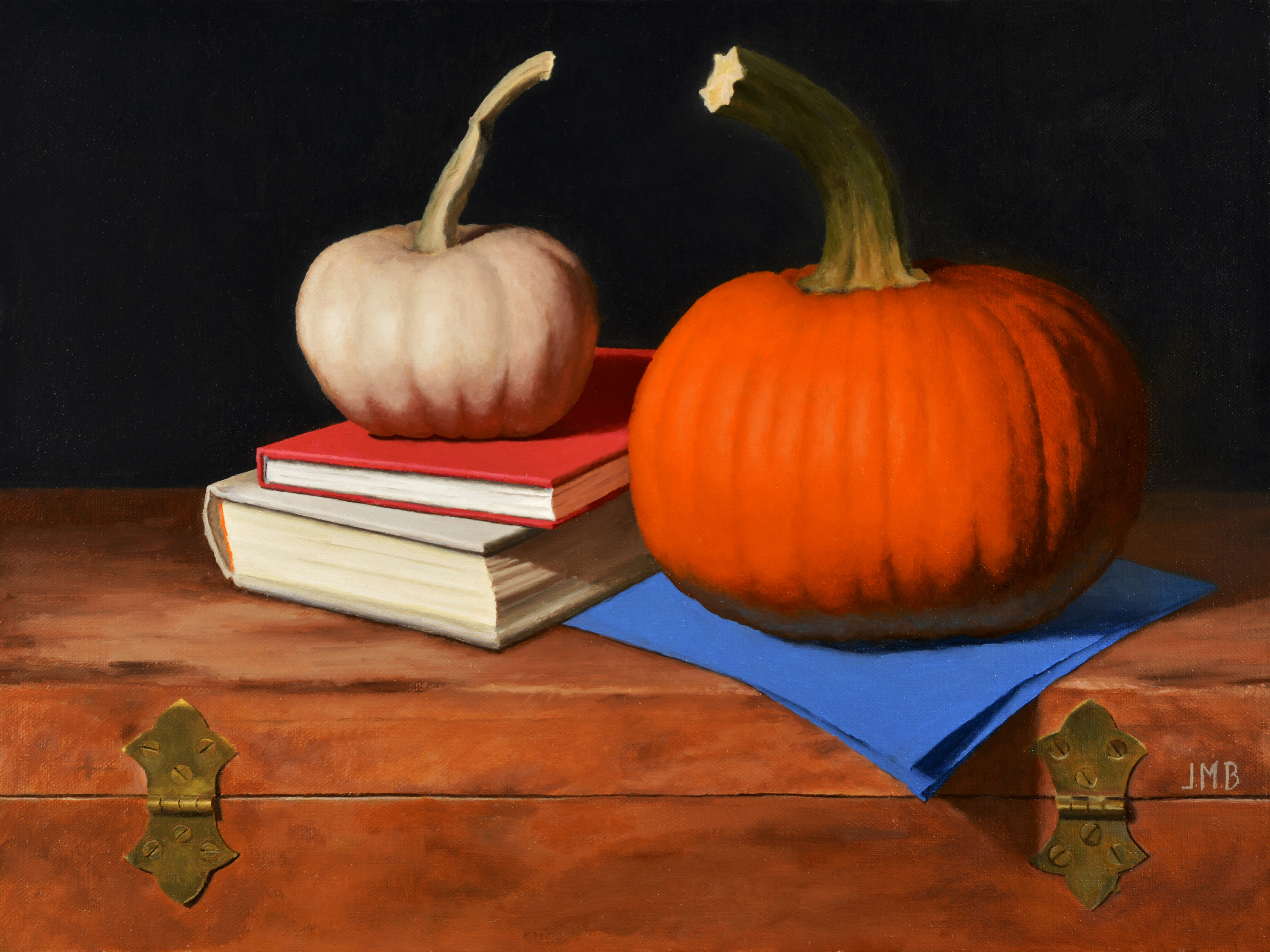 Pumpkins and Books, jessica bravo, art harbor gallery, jessica m. bravo, still life
