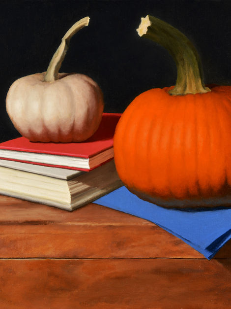 Pumpkins and Books, jessica bravo, art harbor gallery, jessica m. bravo, still life, charleston, art gallery, fine art, 