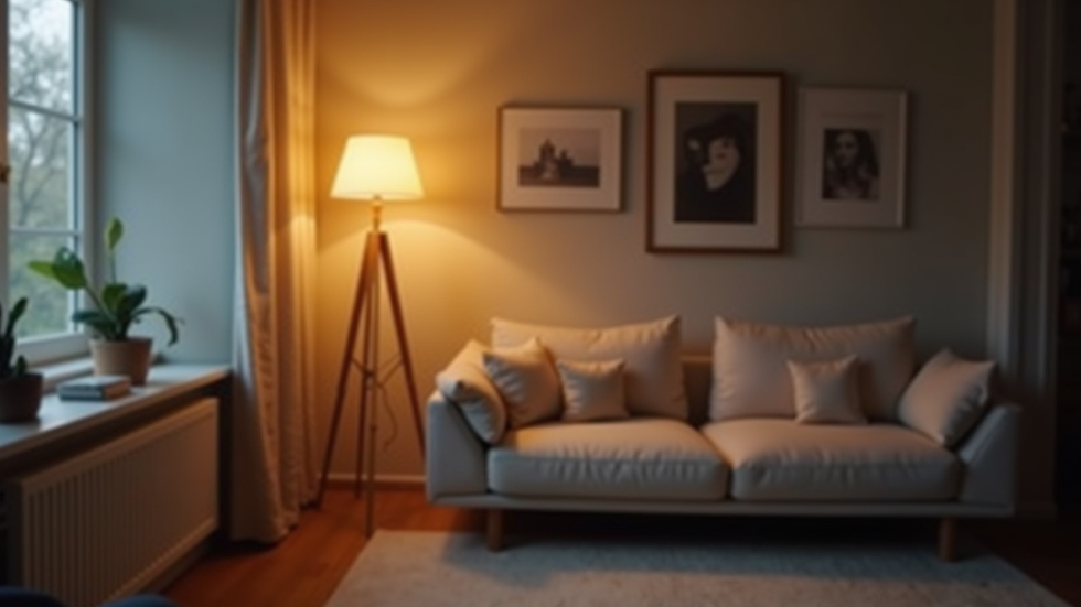 Eye-level view of a stylish floor lamp illuminating a cozy living room