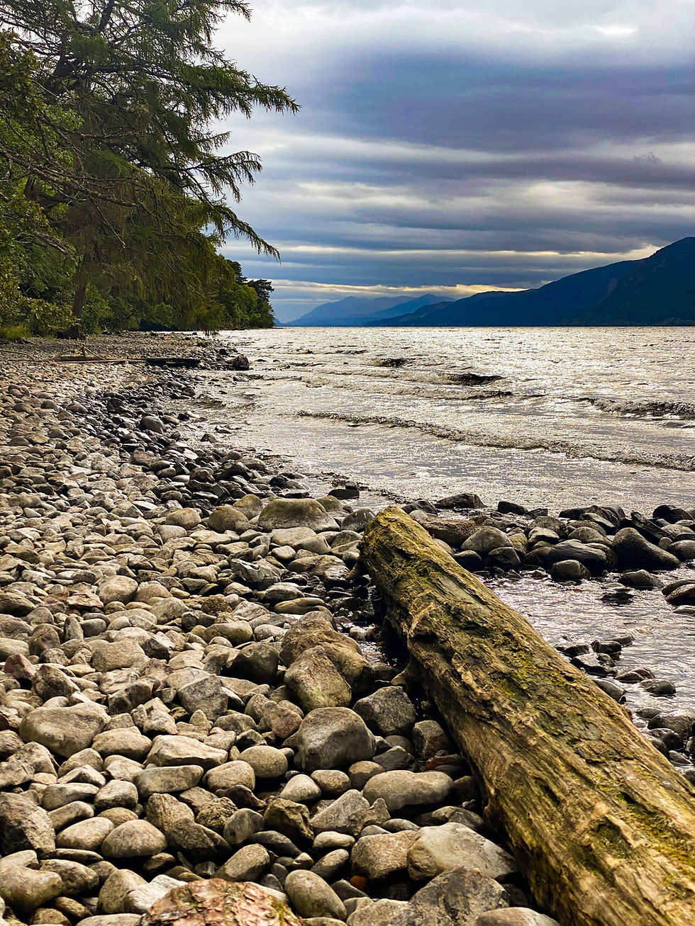 The beachy shore of Loch Ness from Loch Ness Campsite