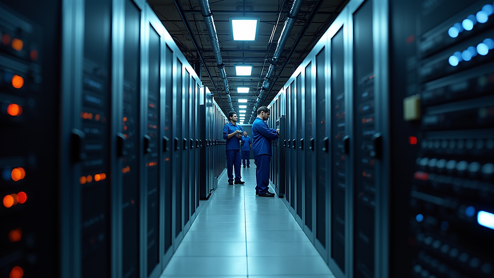High angle view of server room with technicians working on equipment