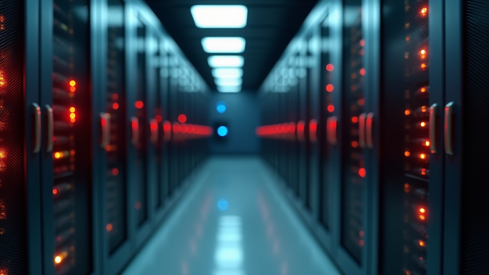 Eye-level view of server rack with blinking status lights