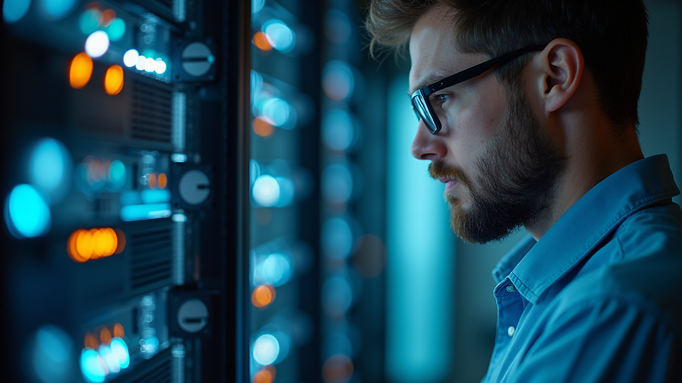 Close-up view of a server technician inspecting hardware components