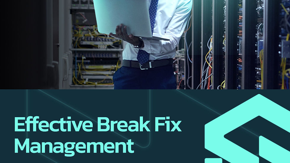 Man holding laptop with the caption of effective break fix management beneath him - man stands in a server room