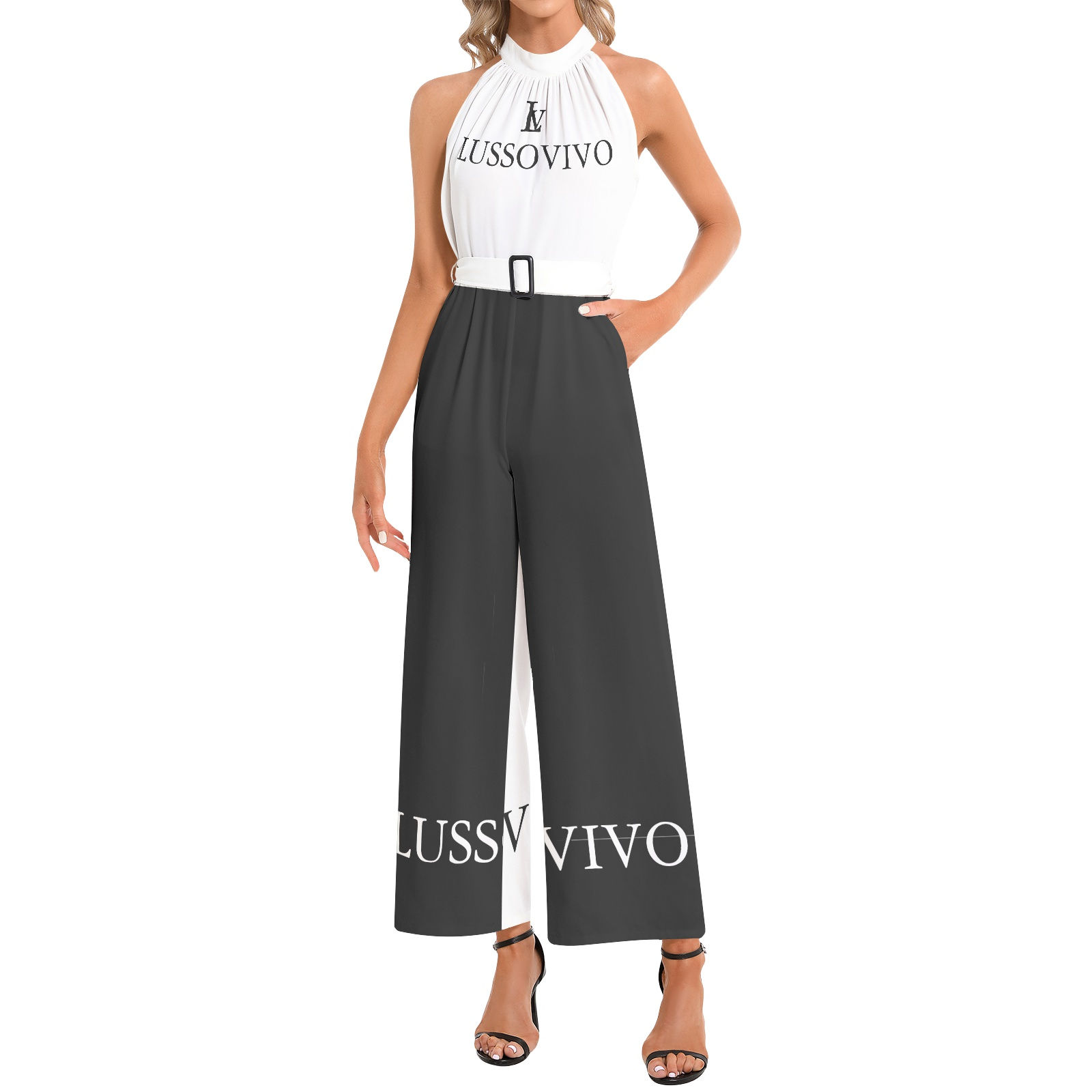 LussoVivo black and white desigin Belted Jumpsuit
