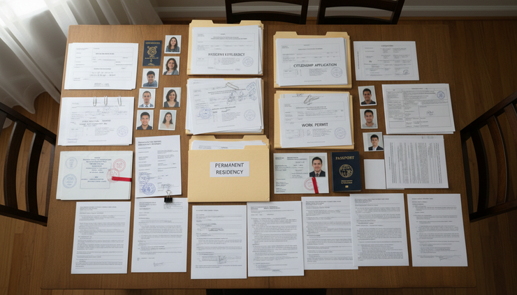 Overhead view of organized immigration documents with paper clips and labeled folders