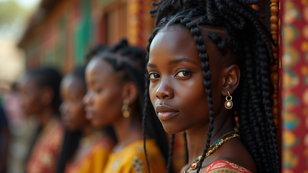 Eye-level view of a display of various traditional African braiding styles