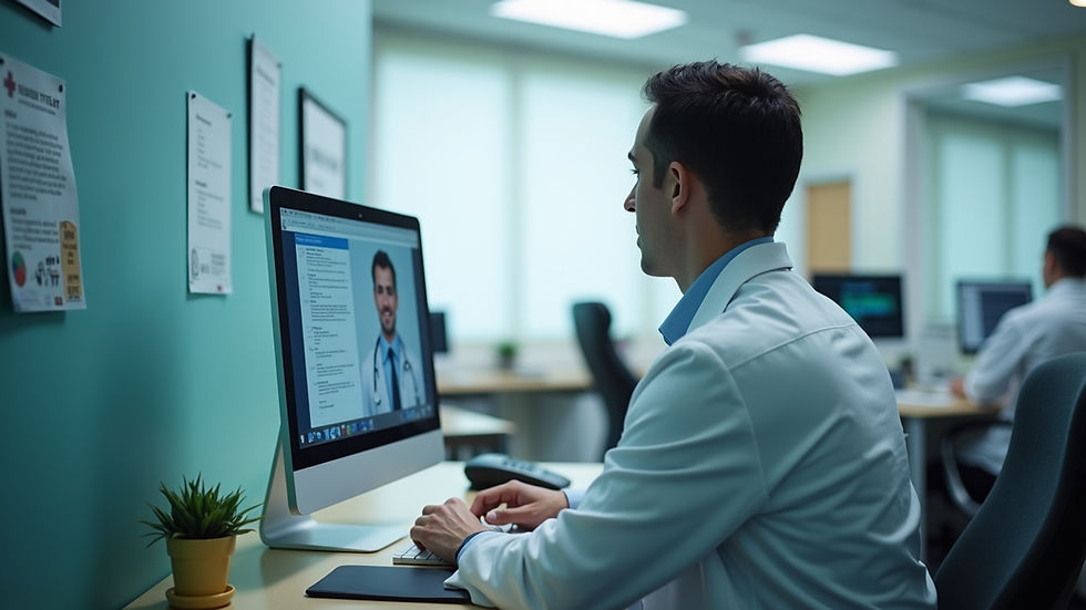 Eye-level view of a doctor’s office with a computer displaying patient reviews