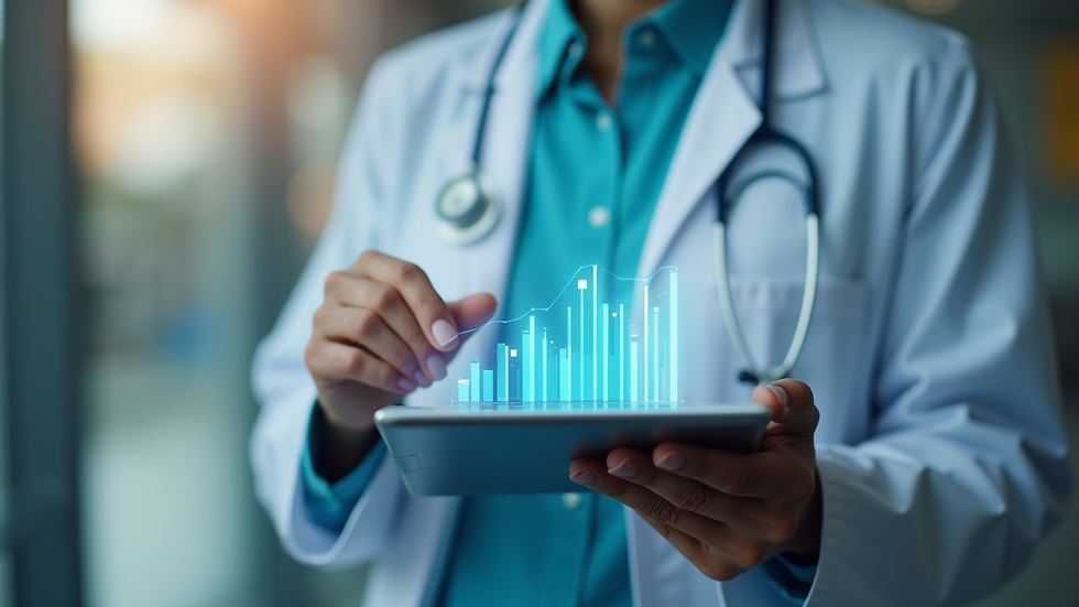 Eye-level view of a healthcare consultant presenting data on a digital tablet