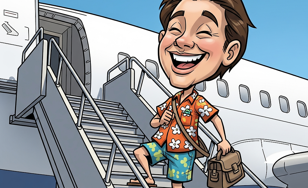 Grafisches Bild mit freudiger Person die in ein Flugzeug über eine angestellte Treppe einsteigt