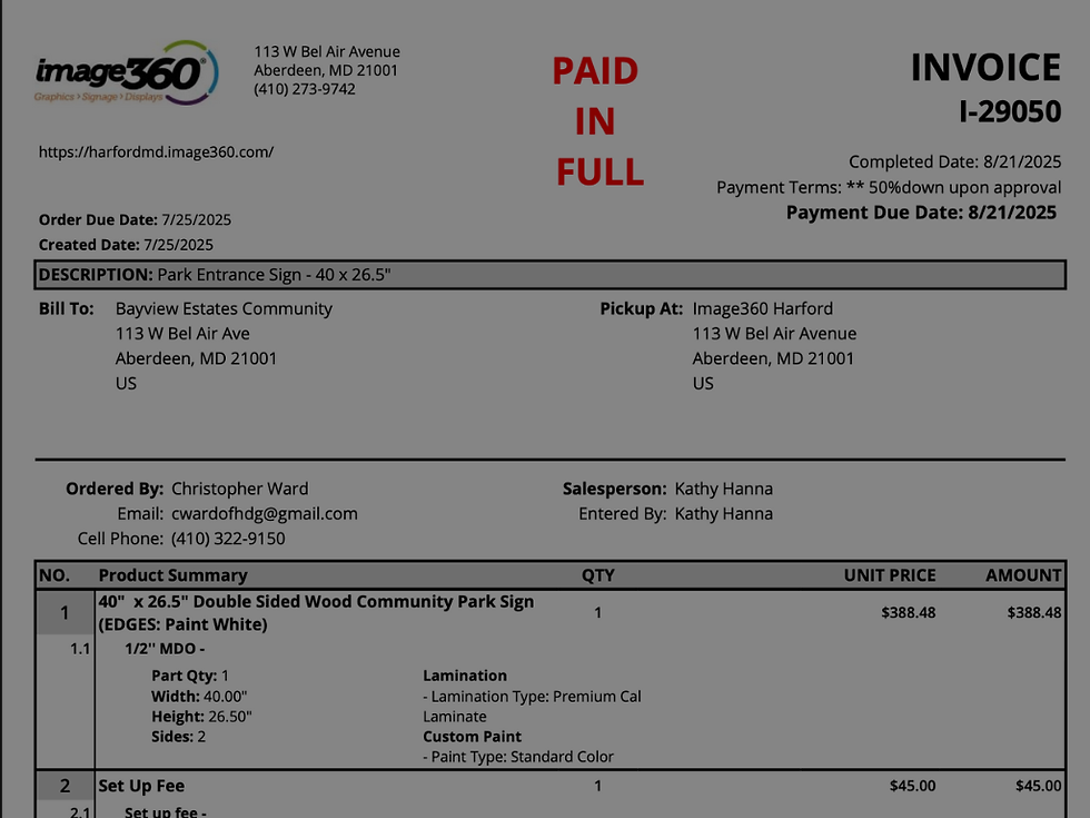 Park Directional Sign Invoice