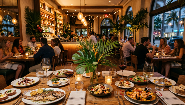 Wide-angle view of a warmly lit Miami restaurant table with shared plates.