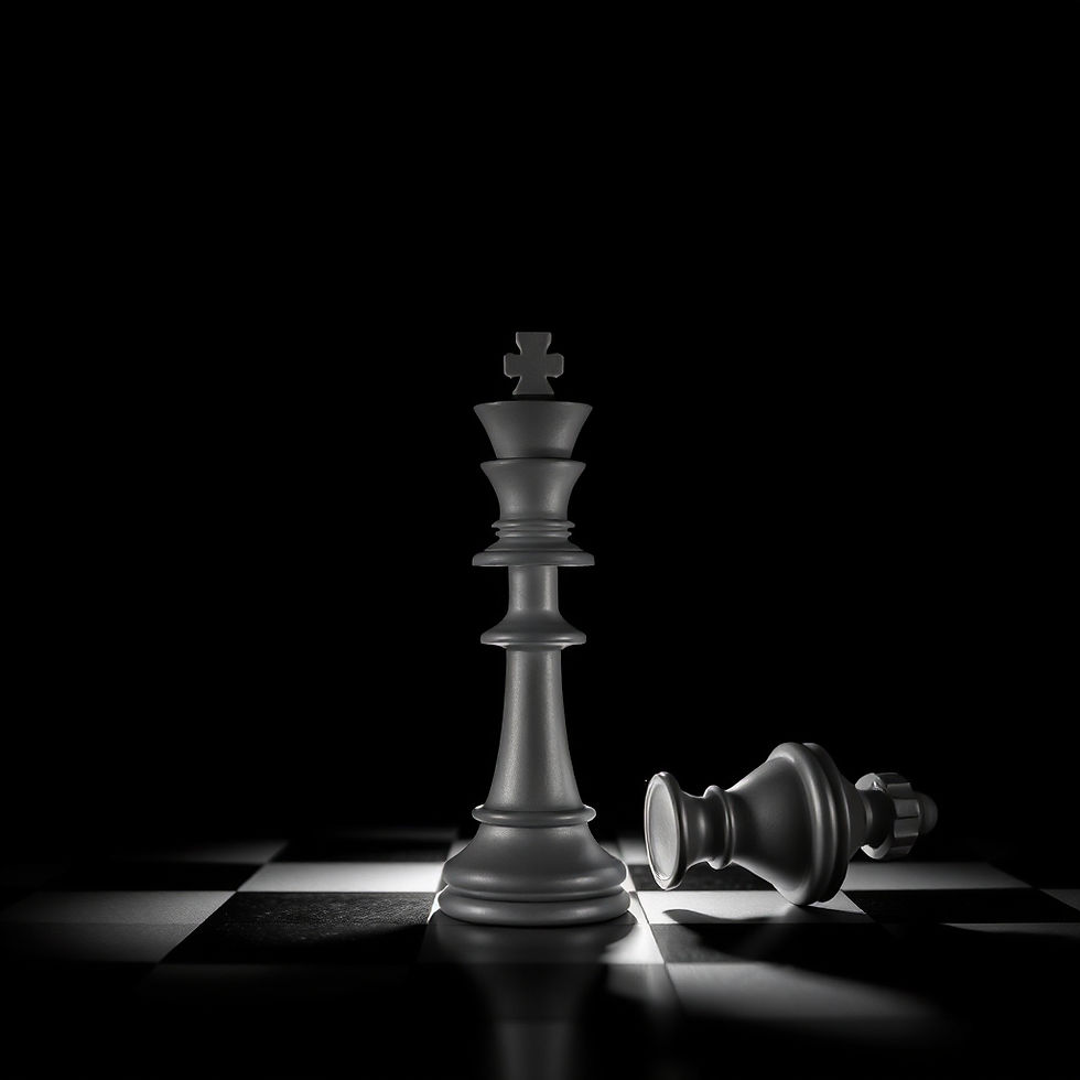 Black-and-white luxury editorial image of a chess king standing in dramatic light beside a
