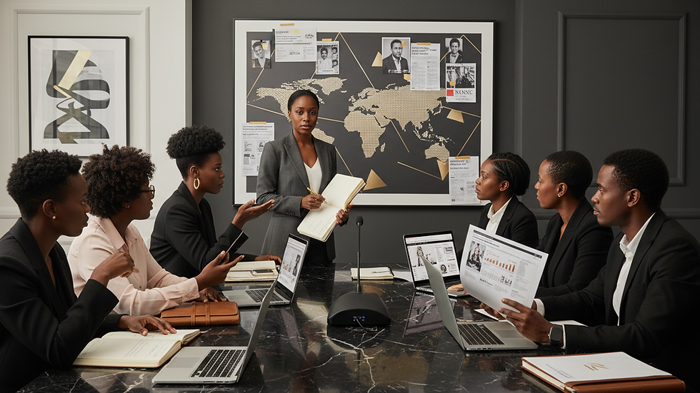 Eye-level view of a conference room with a crisis communication team in action