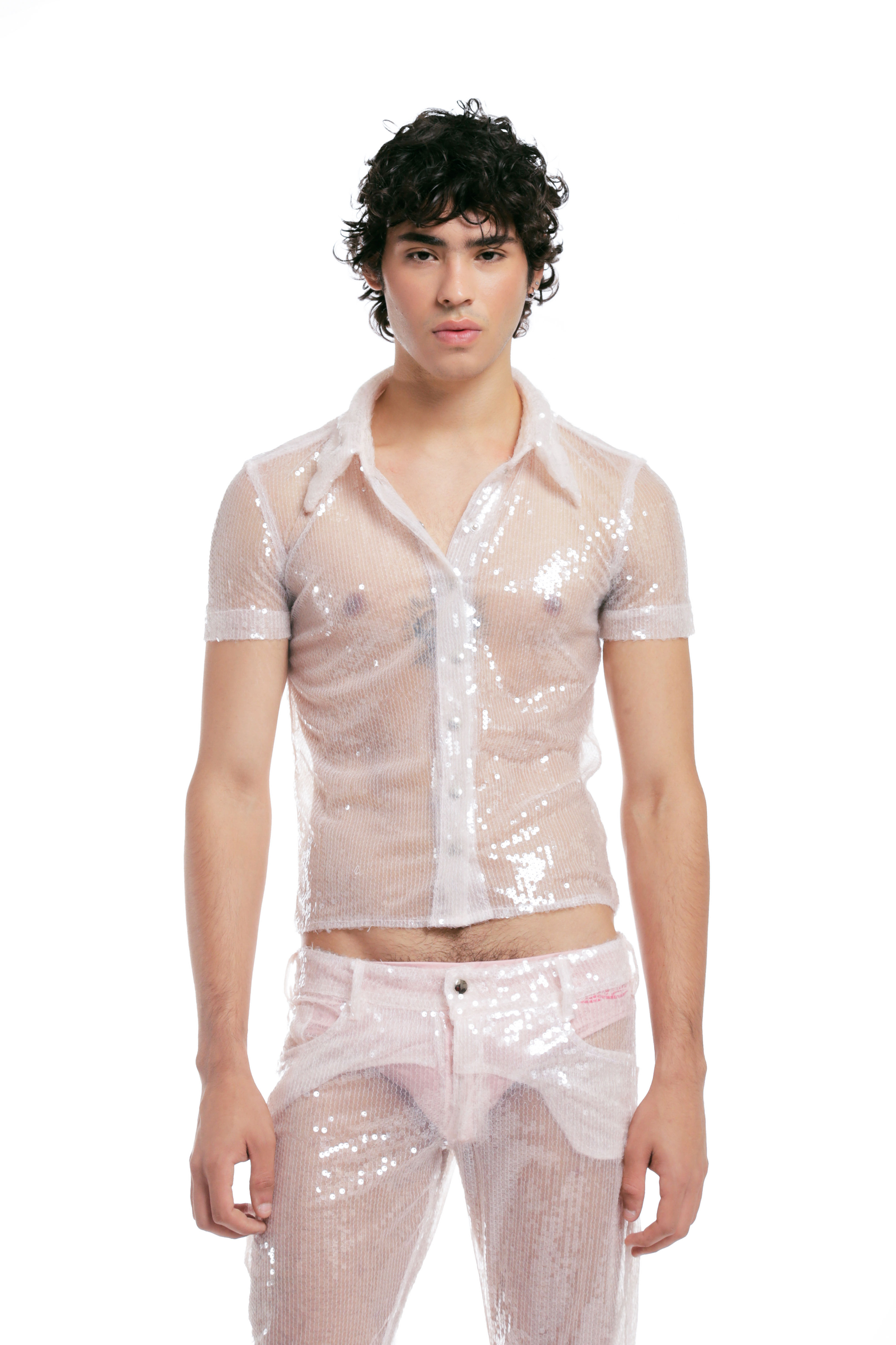 Camisa Baby Look Paetê Molhado - Rose