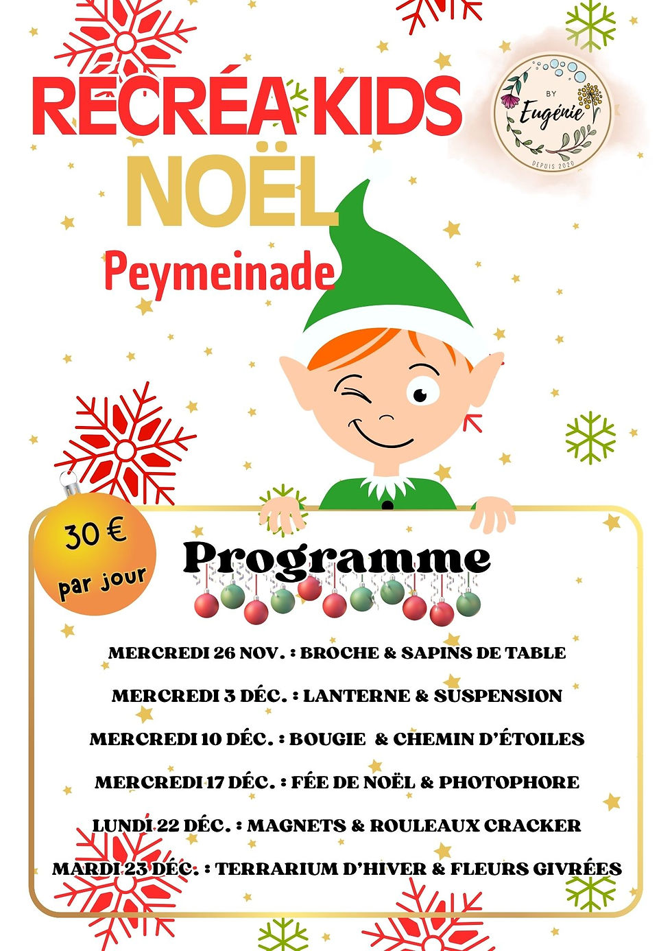 “Programme ateliers Noël By Eugénie à Peymeinade – dates et tarifs”