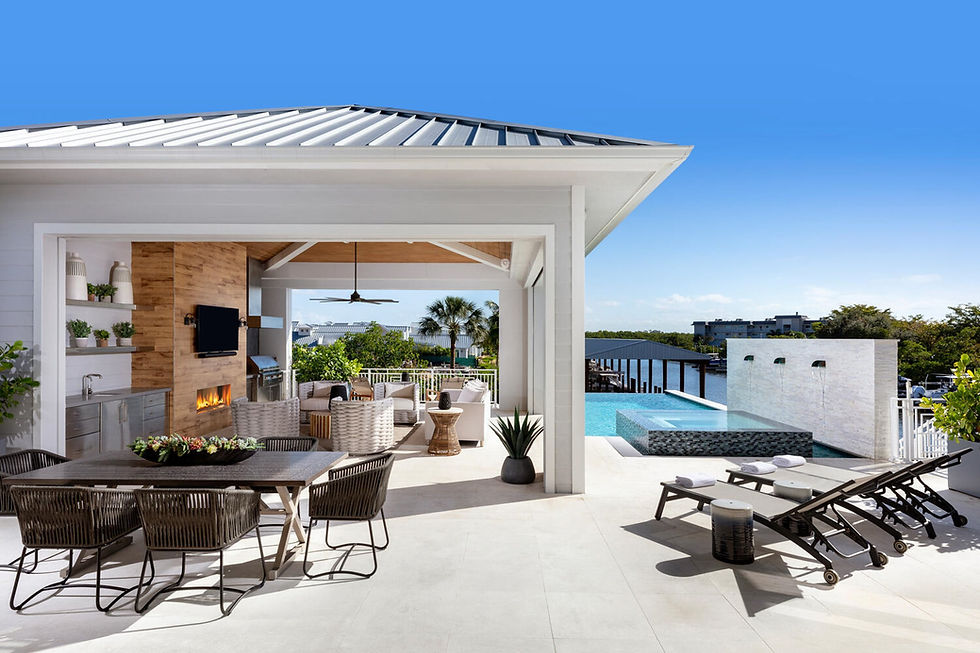 Covered outdoor living space with fireplace, dining area, infinity-edge pool, and waterfront views.