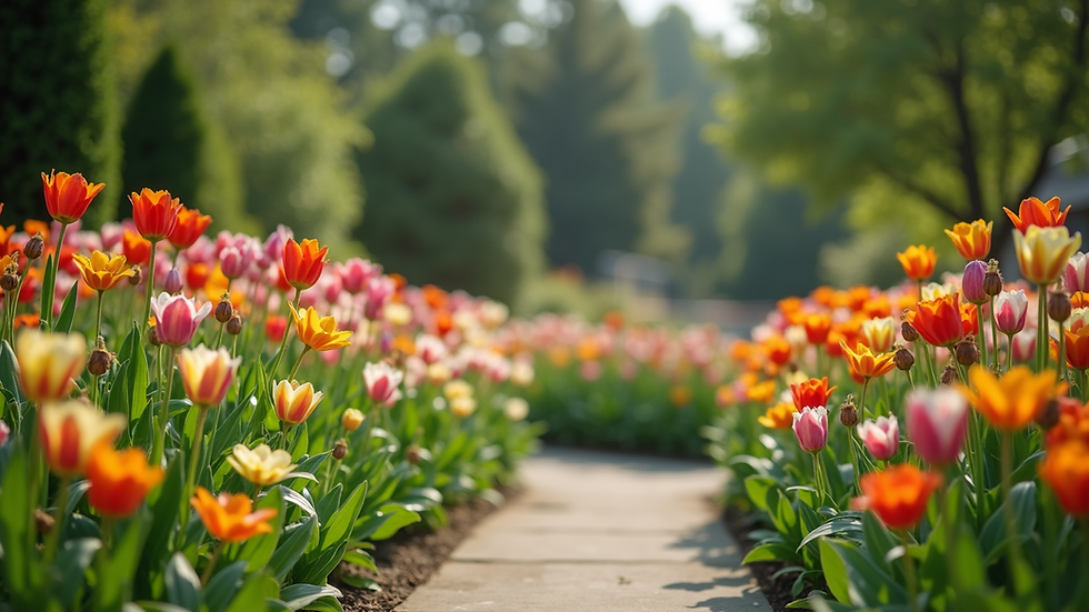 Wide angle view of a well-maintained garden with colorful flowers