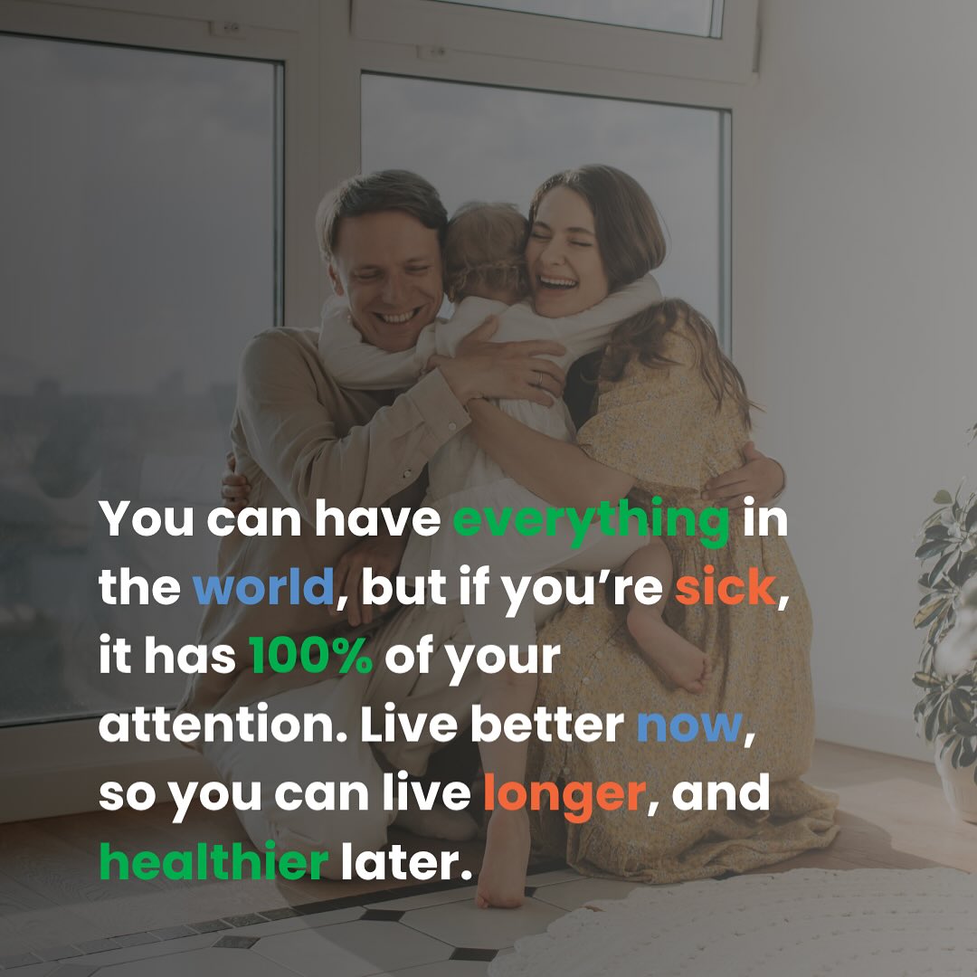 Smiling family at home behind Veo Health message graphic