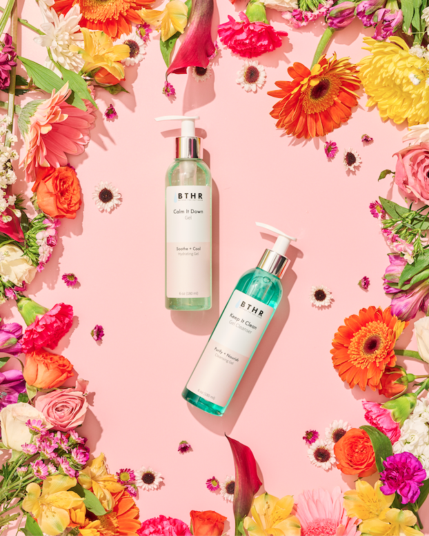 BTHR Calm It Down Soothe + Cool Hydrating Gel styled on a bright floral background