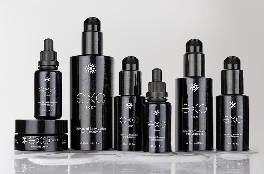 Exoceuticals skincare collection of serums and creams on display
