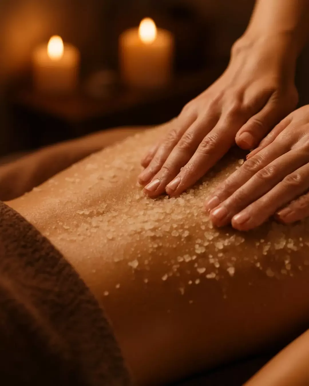 Therapist applying body scrub on client’s back by candlelight at Spavia Day Spa Chamblee.