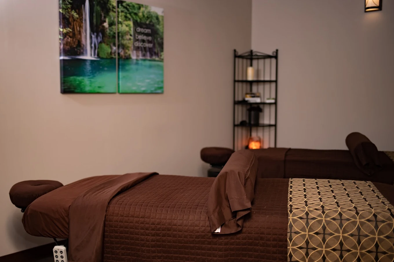 Couples massage room with two side-by-side tables at Spavia Day Spa Chamblee.