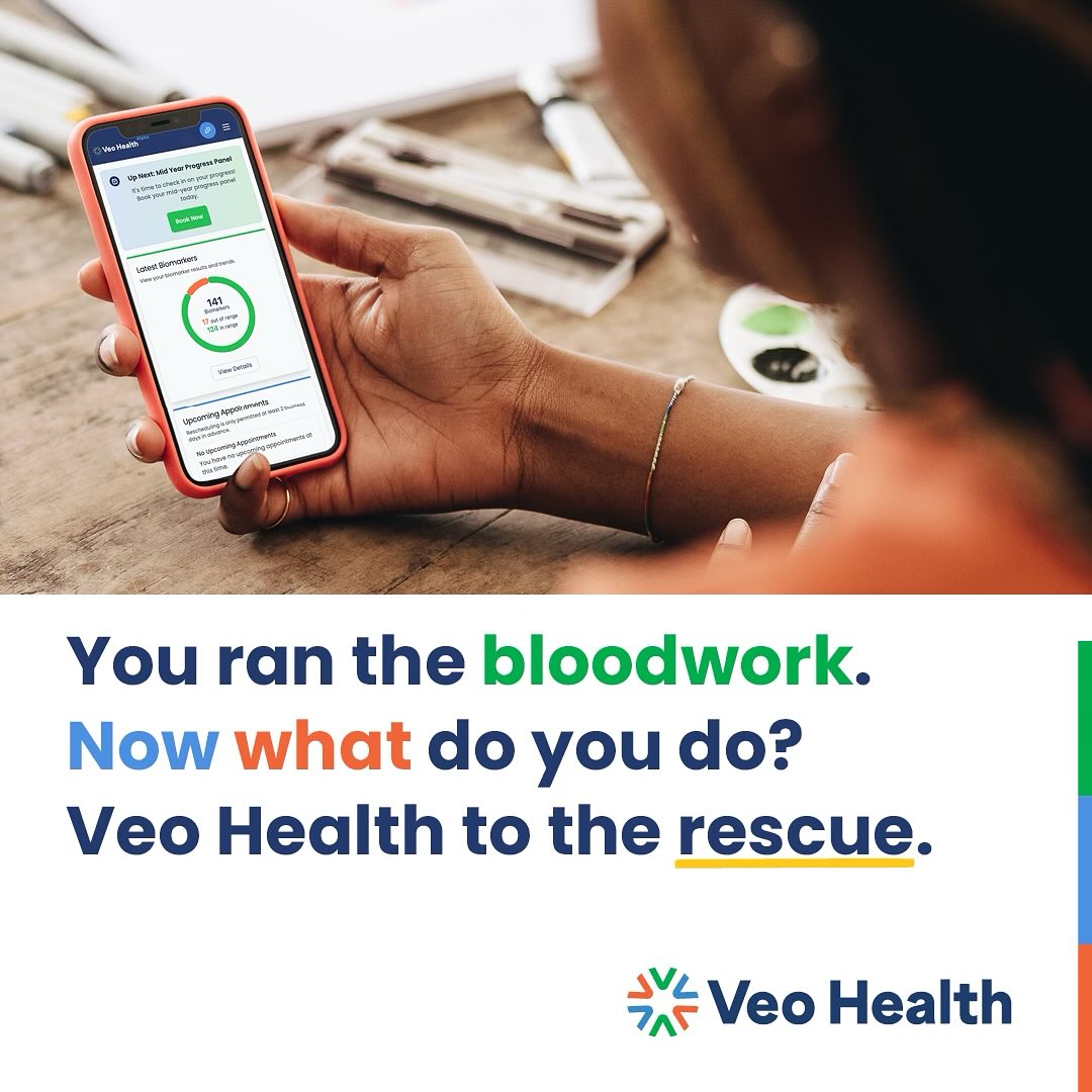 Phone screen with lab results and a wearable watch in frame, Veo Health app concept