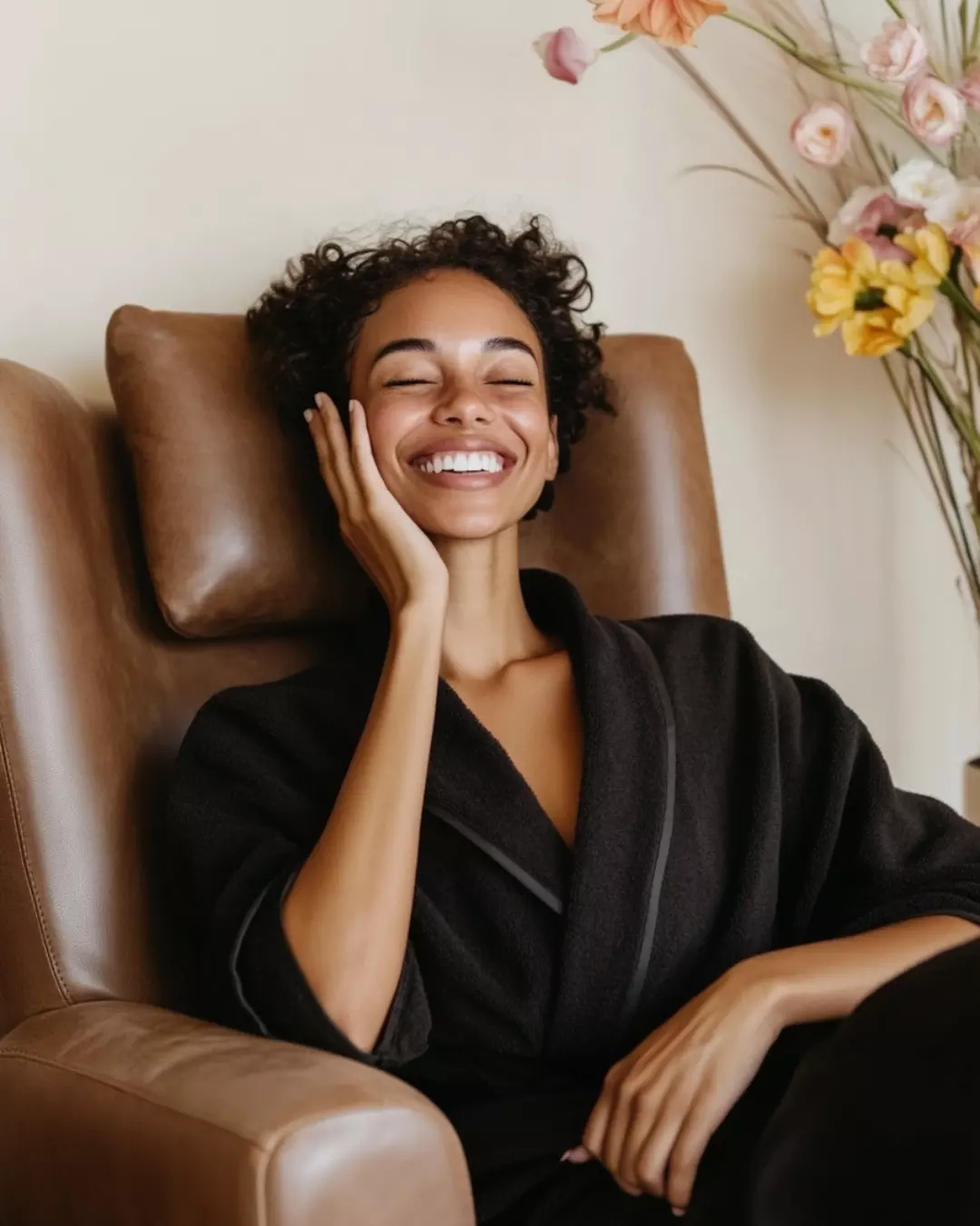 Woman in spa robe smiling in relaxation lounge at Spavia Day Spa Chamblee.