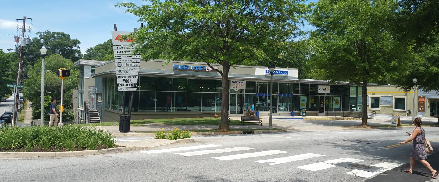 Exterior of Fleet Feet Decatur Atlanta running store seen from the street.