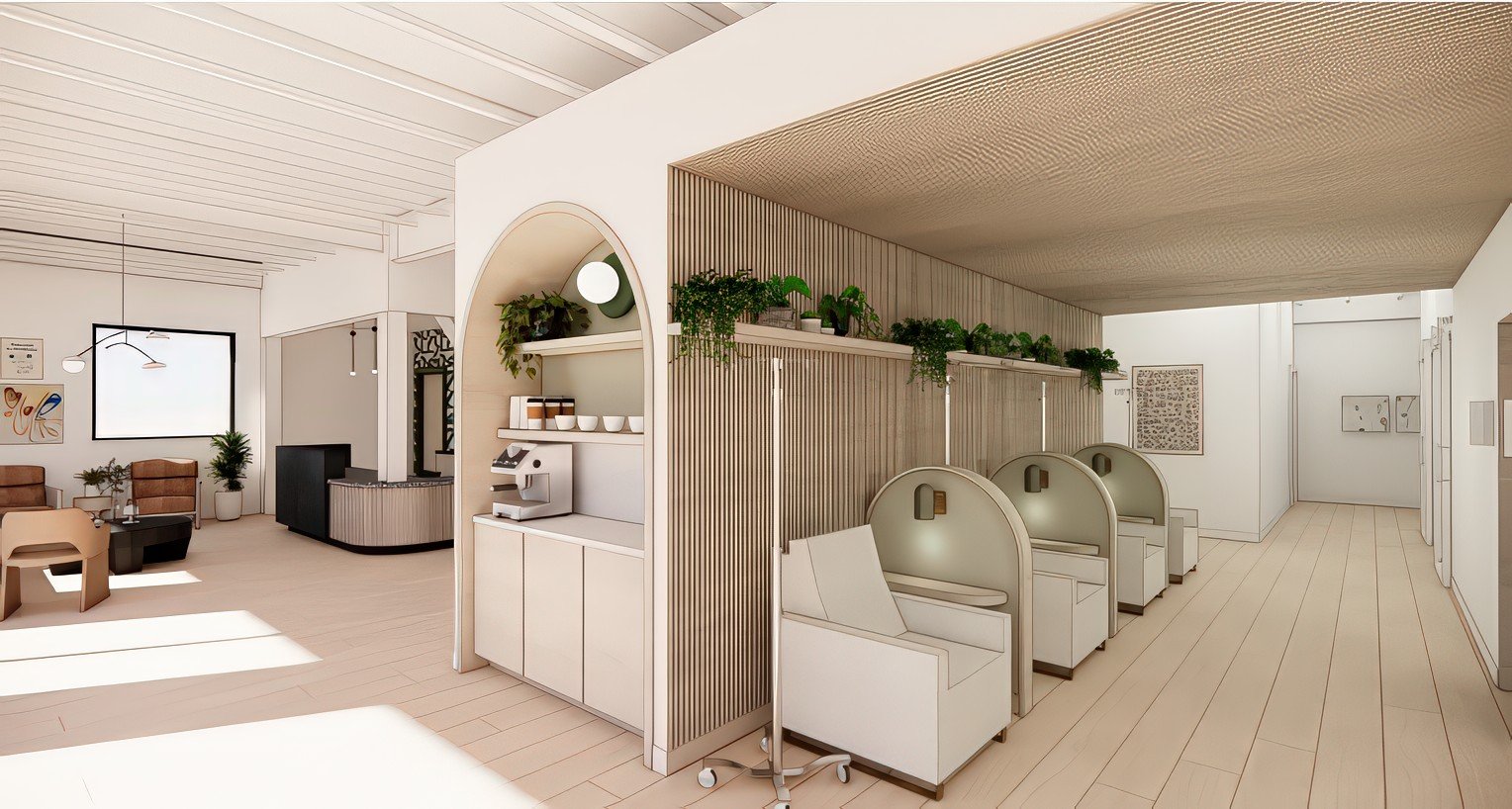 STAT Wellness Berry Hill lobby with warm wood accents, archway, and seating