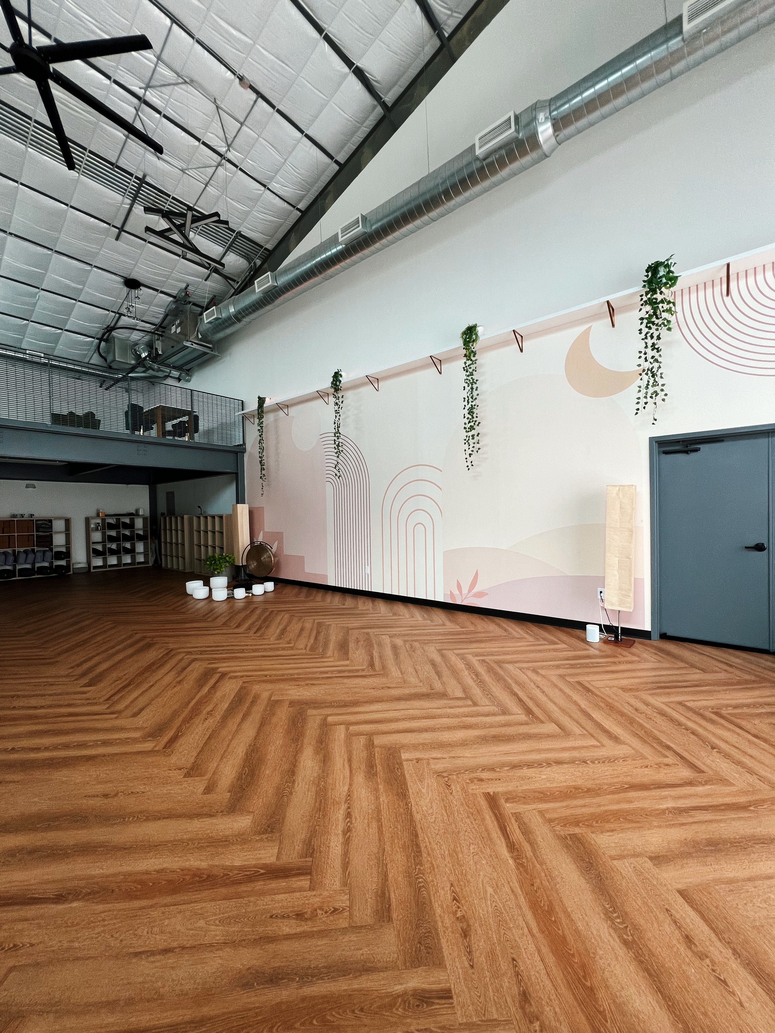 Wide view of empty My Vinyasa Practice Highland Austin studio with greenery overhead and wood floor.