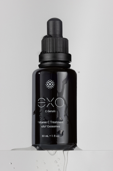 Exoceuticals black serum bottle on light background