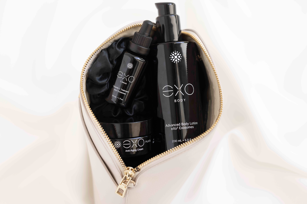 Exoceuticals skincare products packed in a cosmetic bag