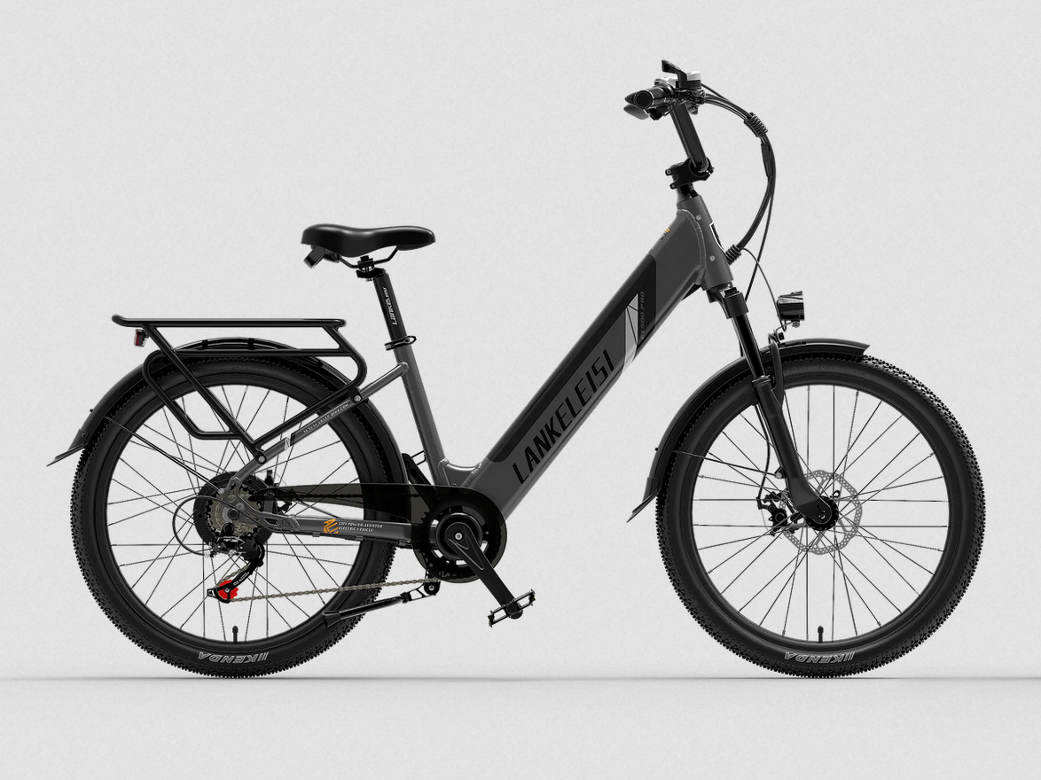 Graues E-Bike mit Gepäckträger