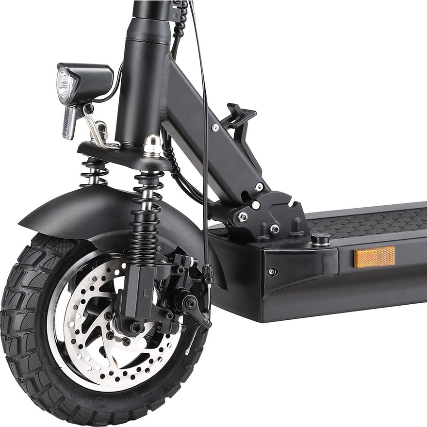 Miniaturbild: Vorderrad, Federung und Scheinwerfer des JOYOR Y8-S E-Scooters