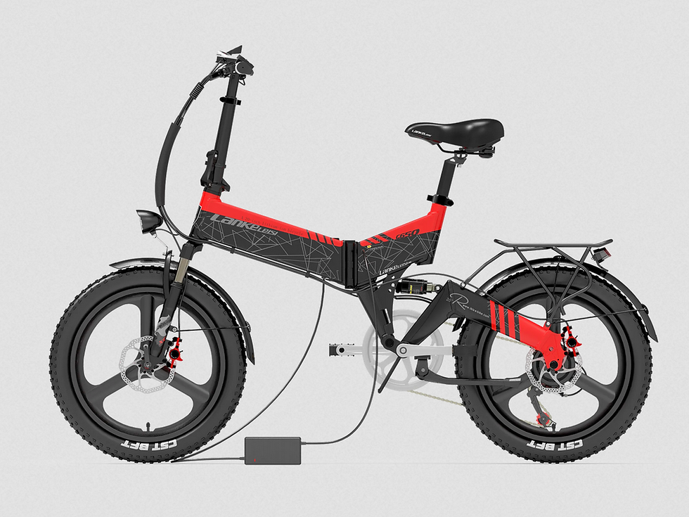 Miniaturbild: Schwarzes faltbares Elektrofahrrad mit roten Details