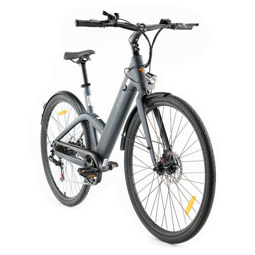 Vélo électrique gris, vue de face