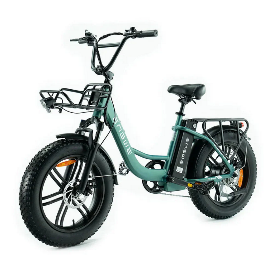 Miniaturbild: Mintgrünes E-Bike mit Frontkorb und Gepäckträger