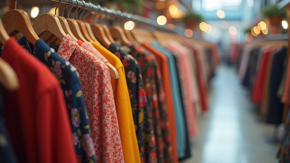 Eye-level view of a vibrant clothing rack showcasing the latest fashion trends