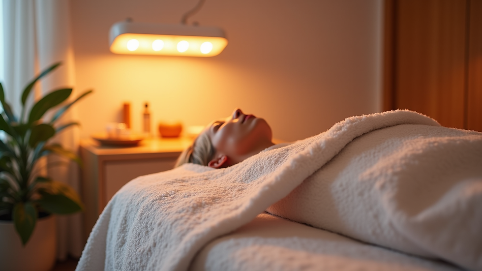 Eye-level view of a cozy skincare treatment room with LED light therapy equipment