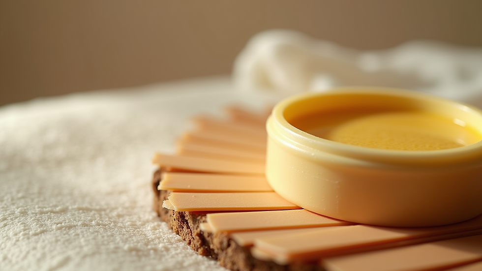 Eye-level view of waxing strips and warm wax pot ready for use