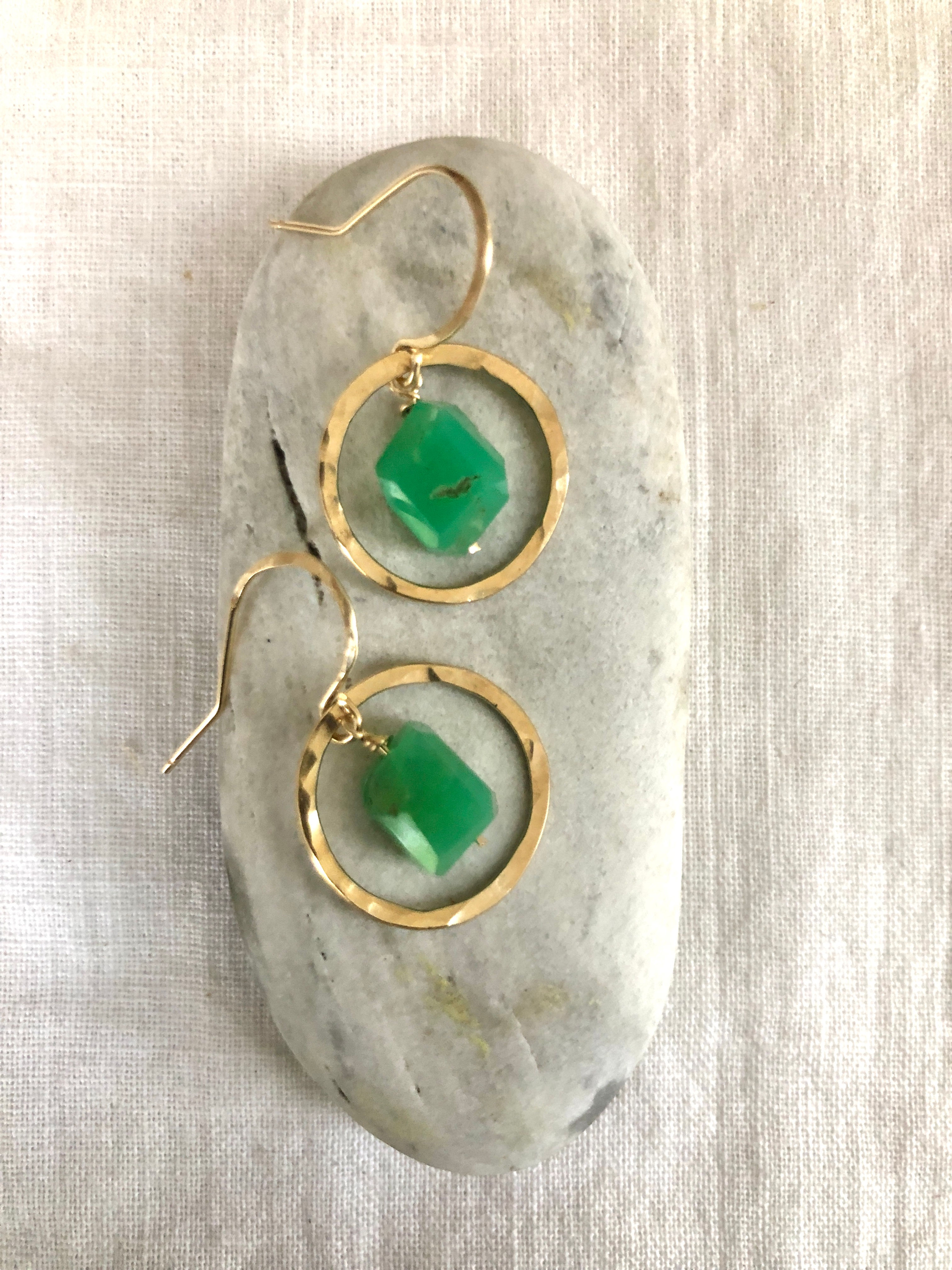 Gold Hoops with Chrysoprase Chunks 