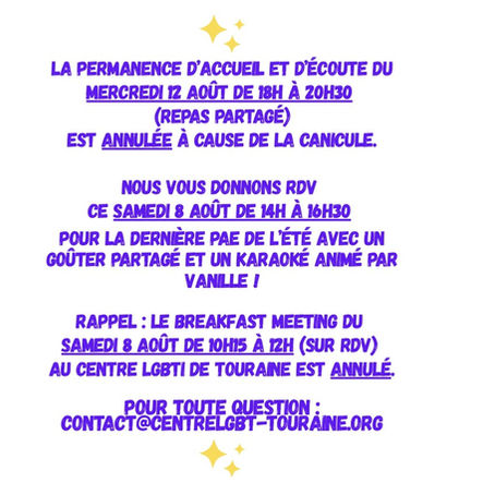 Attention : changement d'horaire pour le 8 août !!